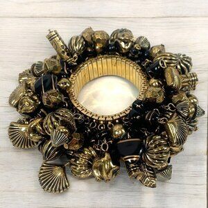 Shell Charm Bracelet Stainless Steel Accordion Band Antique Gold Tone One Size